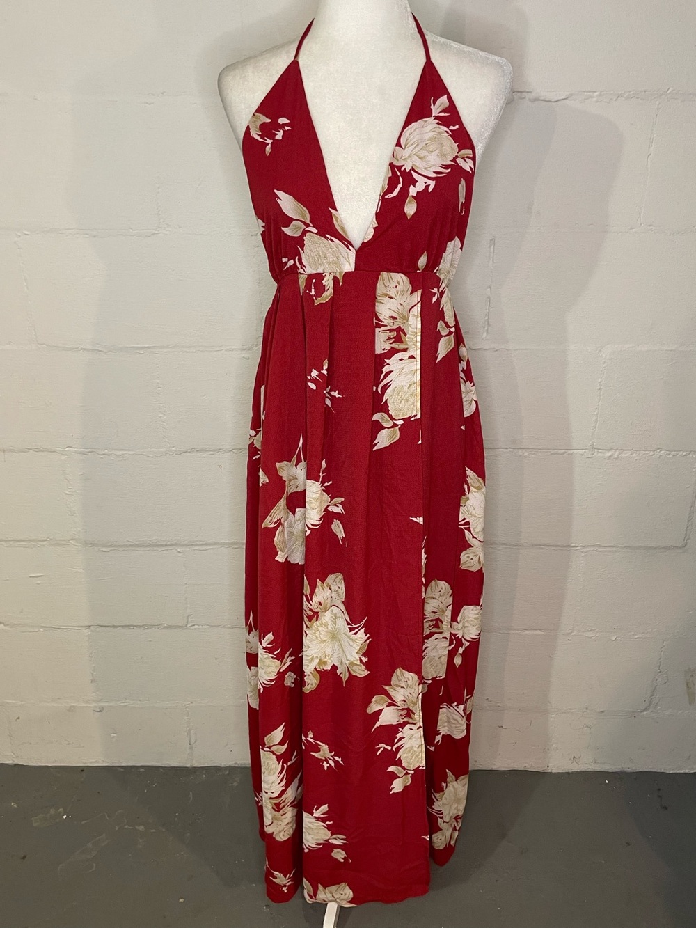 Halter Neck Red Floral Maxi Dress with Cream Blooms